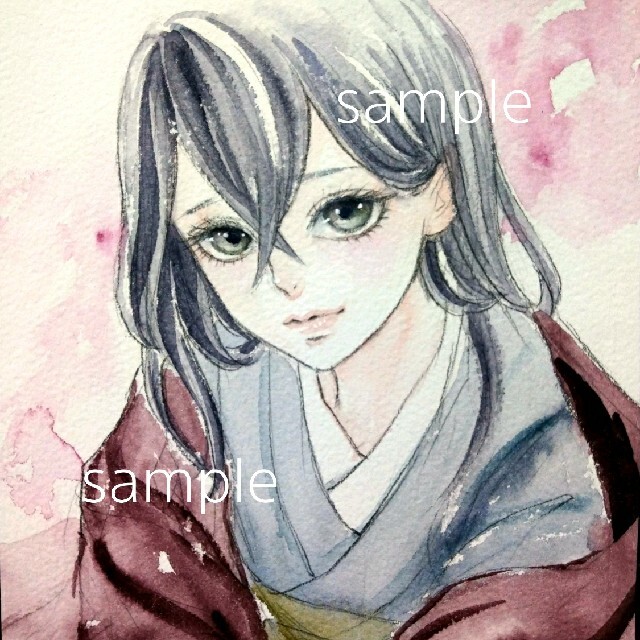 専用　手描きイラスト　ドローイング　和服　水彩画 エンタメ/ホビーの美術品/アンティーク(絵画/タペストリー)の商品写真