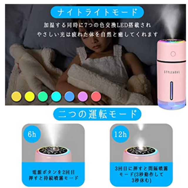 卓上加湿器 超音波式 LEDライト 車用 乾燥 花粉症 日本語説明書 スマホ/家電/カメラの生活家電(加湿器/除湿機)の商品写真
