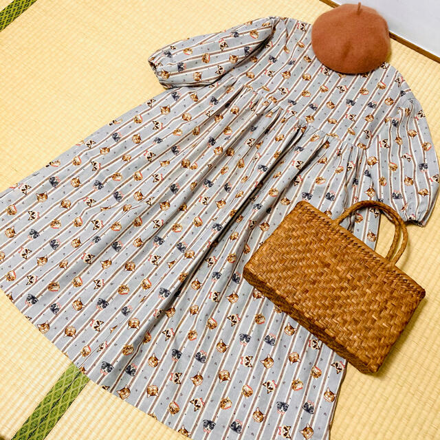 【handmade】綿麻ねこの顔いっぱいワンピース