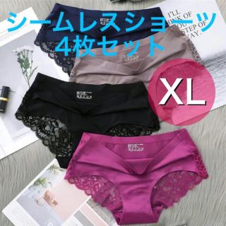 シームレス レース ショーツ 光沢 4枚セット XL ワインレッド ブラック (ショーツ)