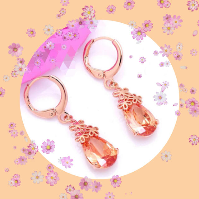 フラワー&ティアードロップ　ピアス　CZ  ローズゴールドxオレンジ レディースのアクセサリー(ピアス)の商品写真