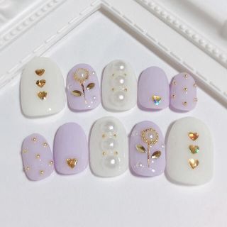 ネイルチップ ♡ パープル×ホワイト×お花×パール