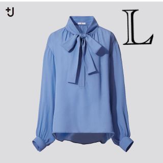 ユニクロ(UNIQLO)のユニクロ　ジルサンダー　プラスJ シルクギャザーブラウス　L ブルー(シャツ/ブラウス(長袖/七分))