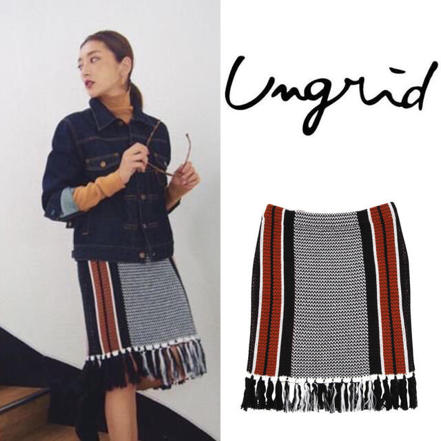 Ungrid(アングリッド)のungrid ジャガードフリンジニットスカート レディースのスカート(ひざ丈スカート)の商品写真