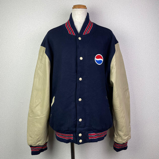 80s USA製 Rennoc 刺繍入り ペプシ 袖レザースタジャン ジャケット 80s USA製 Rennoc 刺繍入り ペプシ 袖レザースタジャン ジャケット