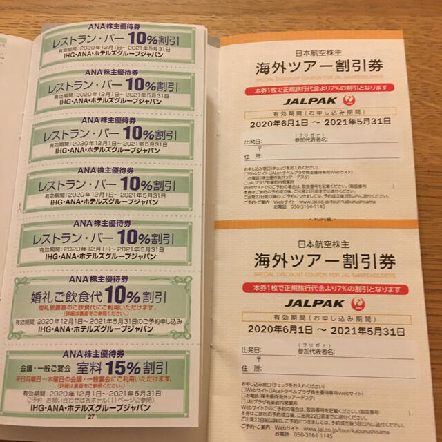 ANA グループ優待券一冊、日本航空優待券一冊　2021.5.31まで チケットの優待券/割引券(ショッピング)の商品写真