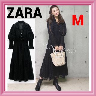 ザラ(ZARA)のスイスドット柄ミディ丈ワンピース レース 水玉　ga(ロングワンピース/マキシワンピース)