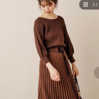 ナチュラルクチュール(natural couture)のnatural couture 配色ニットプリーツワンピース　ブラウン(ロングワンピース/マキシワンピース)