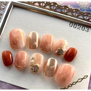 203 ベージュ　コーラル　雪のネイル　冬ネイル　ネイルチップ　nail