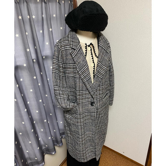 グレンチェックグレーロングコート レディースのジャケット/アウター(ロングコート)の商品写真
