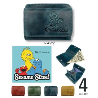 セサミストリート(SESAME STREET)のセサミストリート 牛革　本革　スリム2つ折り財布　紺　ネイビー　新品　未使用(財布)