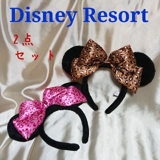 ディズニー(Disney)のディズニーリゾート ミニー カチューシャ リボン ヒョウ柄 ピンク ブラウン(キャラクターグッズ)