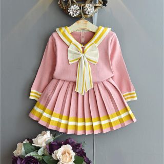 セーラー服風セーター＋プリーツスカート　セットアップ　ピンク(ニット)