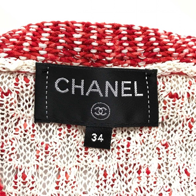 シャネル CHANEL ニット Vネック 半袖 P56232K07352 17C クルーズライン シャツ トップス カットソー シルク レッド×ホワイト 美品