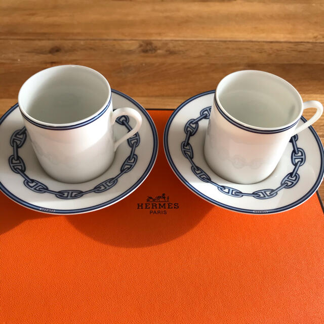 HERMES エルメス シェーヌダンクル ブルー カップソーサー 2客