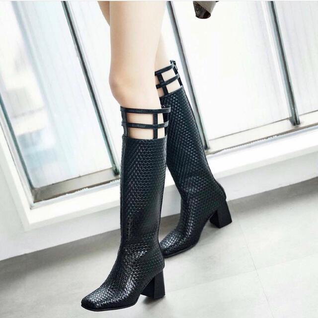 新品未使用Juemi.Lattice Long BootsブラックM 代引き手数料無料
