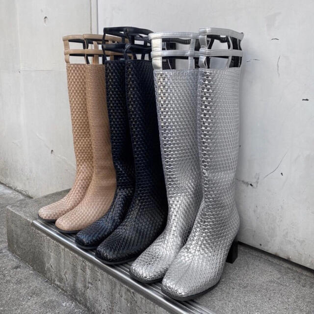 新品未使用Juemi.Lattice Long BootsブラックM 代引き手数料無料