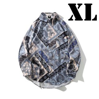 XL 長袖 ブルー ペイズリー柄 オーバーサイズ ビッグシャツ 韓国　(シャツ)
