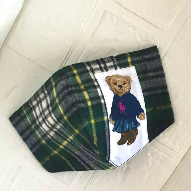 Ralph Lauren(ラルフローレン)の#️⃣185🧸オーダーOK🐻ラルフポロベアGirl緑黄ネル インナーマスク ハンドメイドのハンドメイド その他(その他)の商品写真