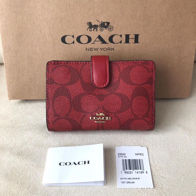 タグ付き新作☆新品 COACH コーチ 二つ折り財布 シグネチャーレッド-