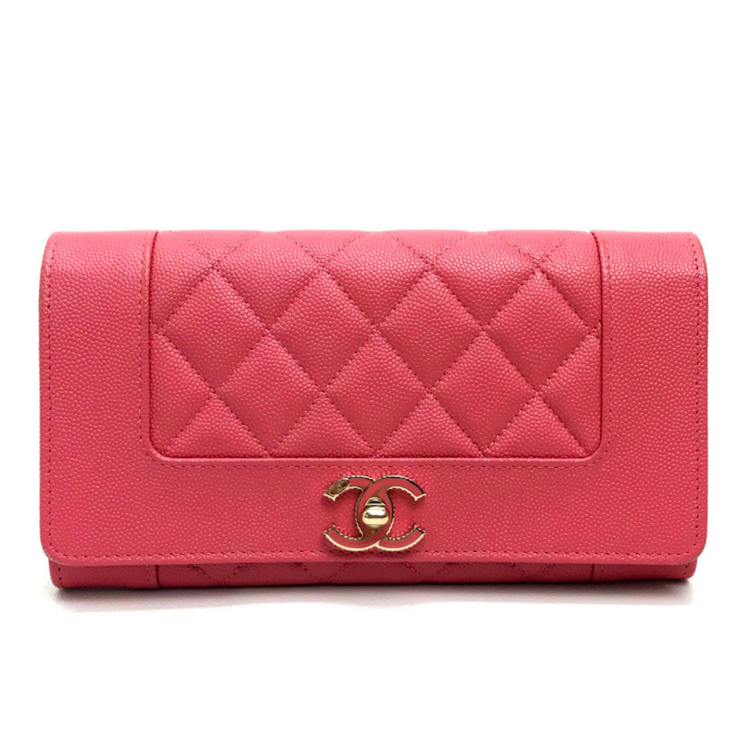 メーカー直売】 CHANEL 美品 ピンク キャビアスキン 長財布 2つ折り長