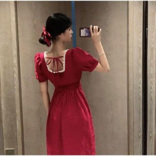 ウエストゴムシャーリング☆ゆったり☆ロングワンピース☆大きいサイズ☆レッド４XL(ロングワンピース/マキシワンピース)