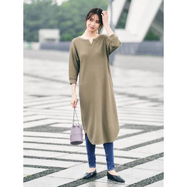 UNIQLO ワッフル キーネック ワンピース(7分袖)オリーブ XXL | フリマアプリ ラクマ