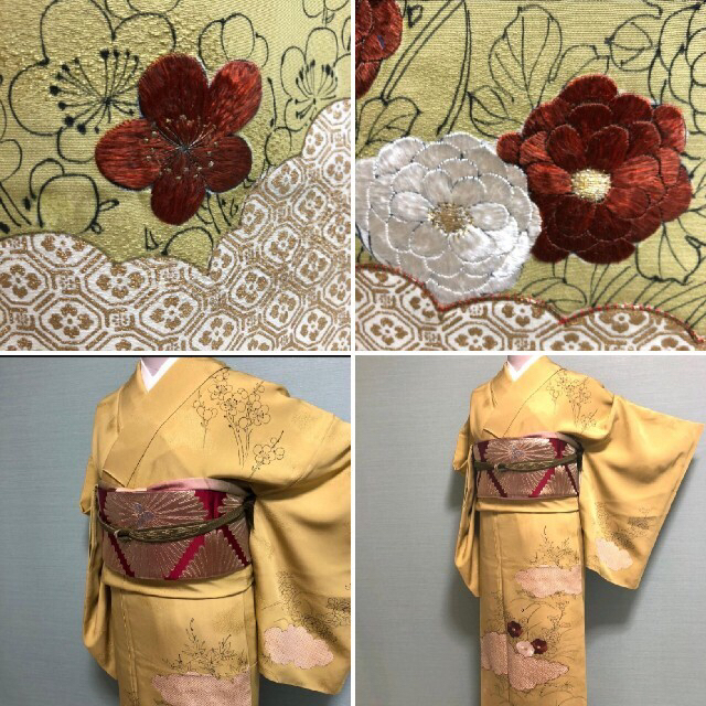 ［2296］［2499］訪問着 雲取りに花亀甲 梅 刺繍 高級 正絹 袷 抹茶