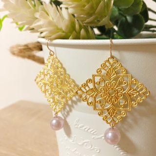透かし×パールピアス/イヤリング handmade pierce No.12(ピアス)