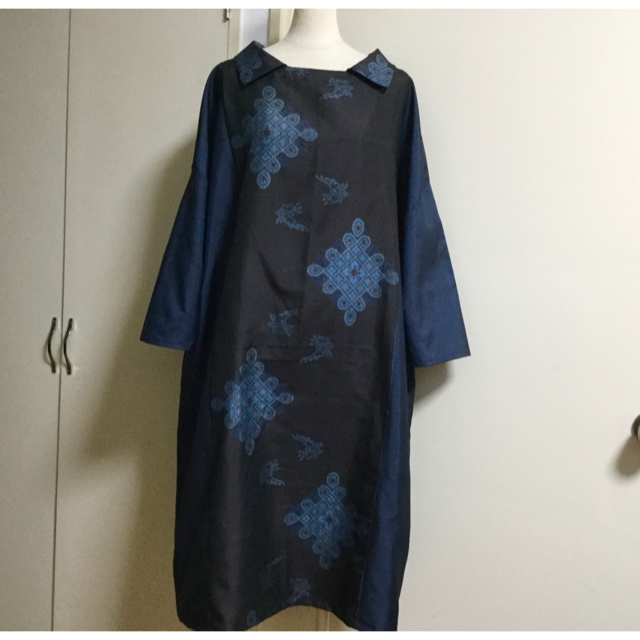 着物リメイク　ワンピース　大島紬　ゆったりサイズ　絹100