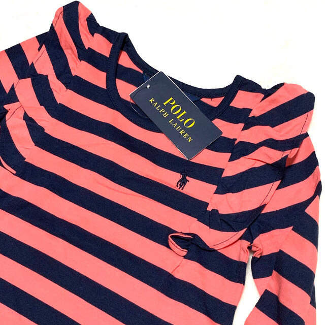 POLO RALPH LAUREN(ポロラルフローレン)の4T/110 新品 ショルダーフリル ストライプ ロングスリーブT / ピンク キッズ/ベビー/マタニティのキッズ服女の子用(90cm~)(Tシャツ/カットソー)の商品写真