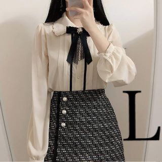 ブラウス 韓国 リボン 冬服 レディース L シャツ トップス  清楚 きれいめ(シャツ/ブラウス(長袖/七分))