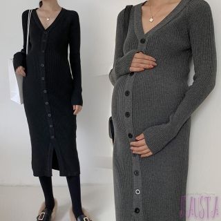 マタニティワンピース グレー 授乳服 フロントボタン 長袖(マタニティワンピース)
