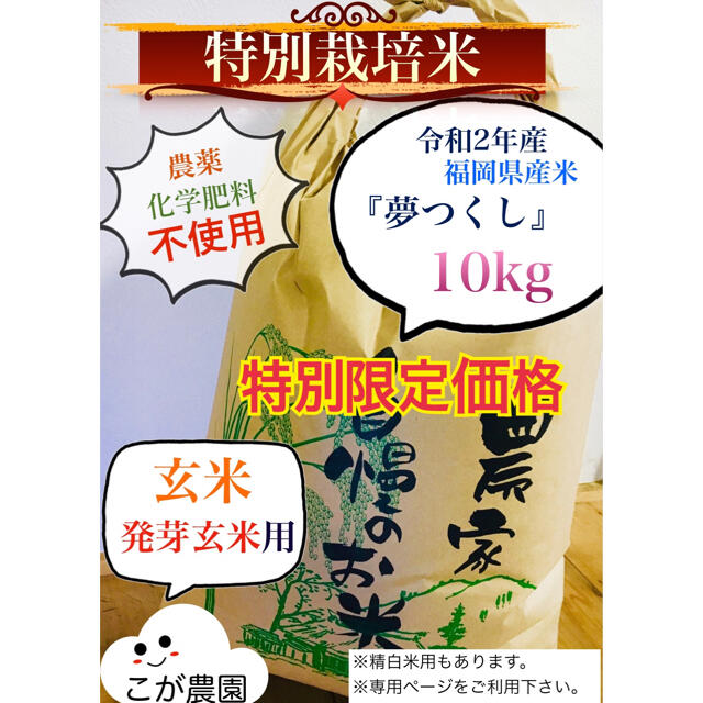 特別栽培米　福岡県産米『夢つくし』　10kg 【玄米専用】令和2年産　新米