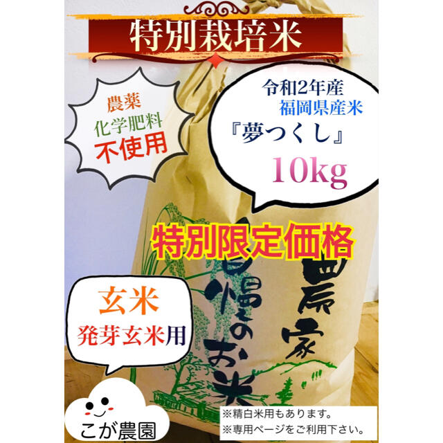 特別栽培米　福岡県産米『夢つくし』　10kg 【玄米専用】令和2年産　新米