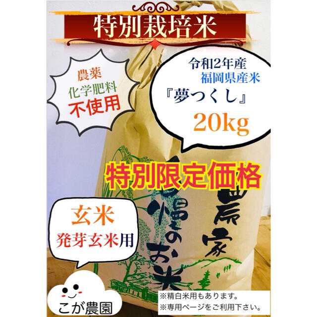 特別栽培米　福岡県産米『夢つくし』　20kg 【玄米専用】令和2年産　新米食品