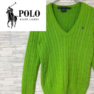 ラルフローレン(Ralph Lauren)の【美品】ポロラルフローレンスポーツ　Vネックケーブルニット　刺繍ロゴ　グリーンS(ニット/セーター)