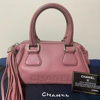 シャネル(CHANEL)の美品シャネル(Chanel) レザー ミニボストンバッグ フリンジ付 ピンク(ハンドバッグ)