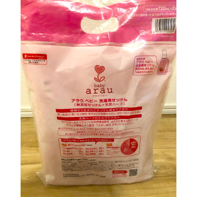 【未使用】arau アラウベビー 洗濯用せっけん 詰め替え用720ml×2袋 キッズ/ベビー/マタニティの洗浄/衛生用品(おむつ/肌着用洗剤)の商品写真