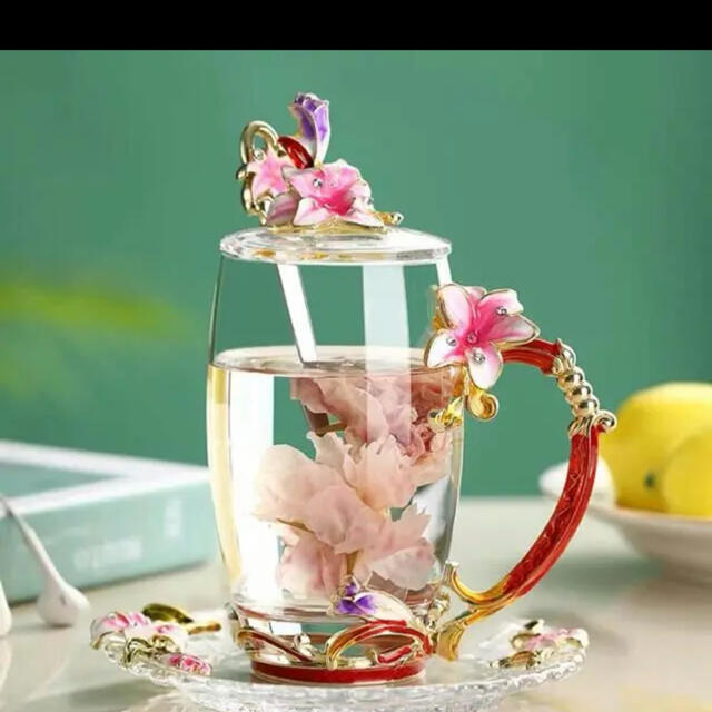 花柄ガラス製カップ＆ソーサー1客 コーヒーカップ