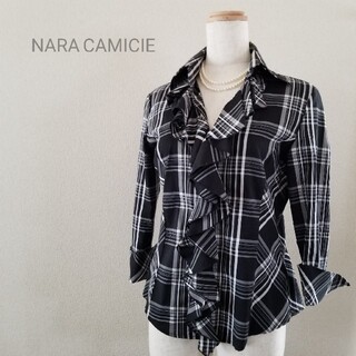 ナラカミーチェ(NARACAMICIE)のNARA CAMICIE フリルブラウス　ブラックチェック(シャツ/ブラウス(長袖/七分))