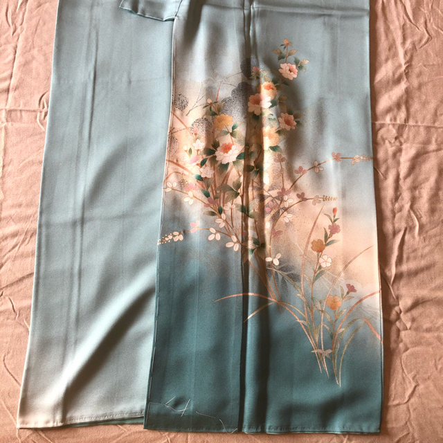 女性着物＆襦袢のセット 絹 袷 青系 和服 和装 日本製■長期保管の未使用品