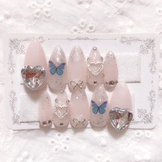 ゆゆ様 ネイルチップ 量産型 蝶々 オーダー 韓国 地雷系 ハート ピンク 水色(ネイルチップ)