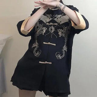チャイナドレス・チャイナ服風 龍刺繍レトロTシャツ トップス 