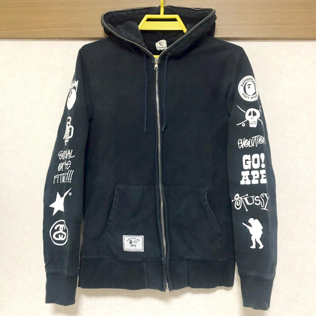 stussy APE 限定 ダブルネーム コラボ パーカー M used 袖ロゴ