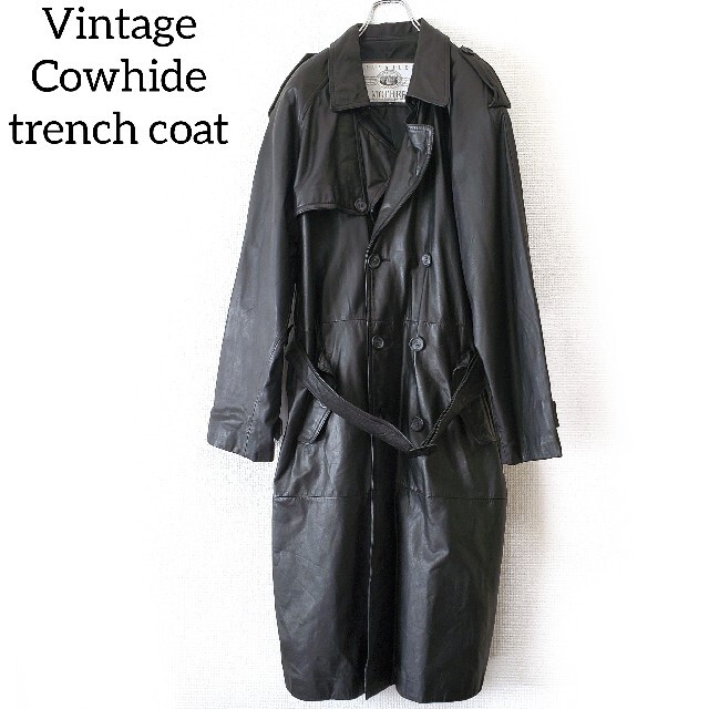 Vintage 牛革 レザー トレンチコート ロングコート 黒 ブラックの通販