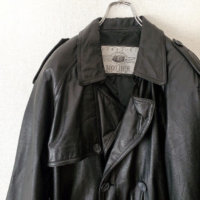Vintage 牛革 レザー トレンチコート ロングコート 黒 ブラックの通販