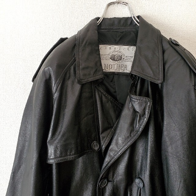 Vintage 牛革 レザー トレンチコート ロングコート 黒 ブラック メンズのジャケット/アウター(トレンチコート)の商品写真