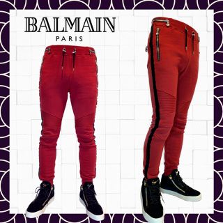 バルマン(BALMAIN)の★未使用★BALMAIN スウェット バイカーパンツ 黒×赤(ワークパンツ/カーゴパンツ)