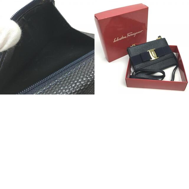 サルヴァトーレフェラガモ Salvatore Ferragamo ポシェット ポーチ 22-5619 ヴァラ リボン 財布バッグ ショルダーバッグ レザー ネイビー/ゴールド金具 9